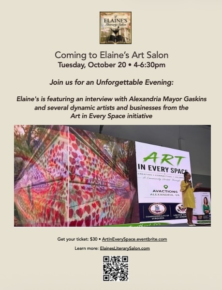 Hear directly from the Mayor about the Art in Every Space Initiative.  At Elaine’s October 20th from 4 to 6:30 PM